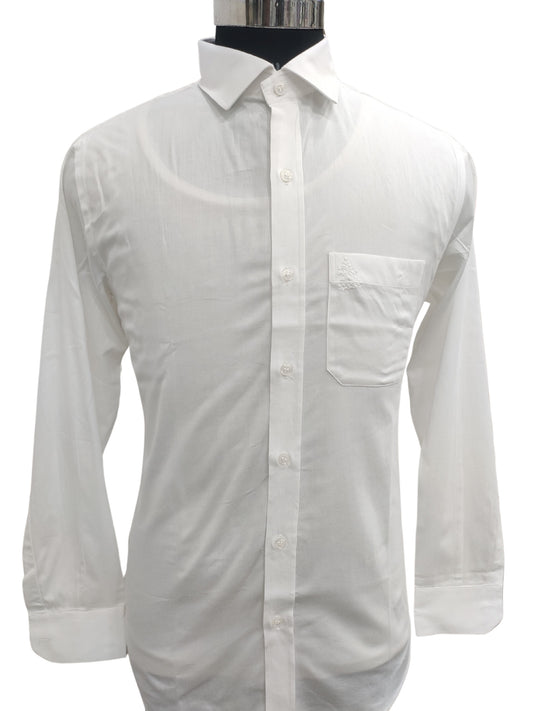 Shyamal Chikan Hand Embroidered White Fine Cotton Lucknowi Chikankari Men's Full Sleeves Shirt  – 26838