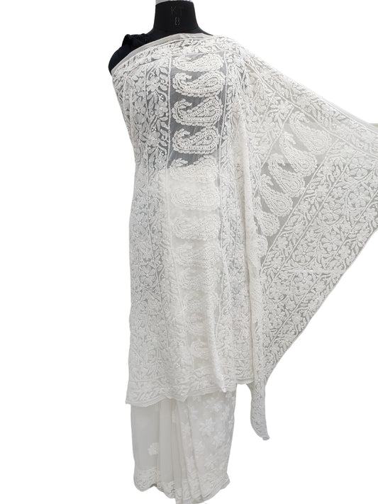 Shyamal Chikan Hand Embroidered White Georgette Lucknowi Chikankari Shoulder Jaal Saree With Blouse Piece - S25235