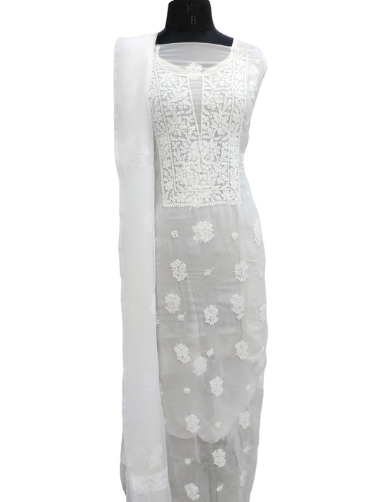 Shyamal Chikan Hand Embroidered White Georgette Lucknowi Chikankari Unstitched Suit Piece - S26632