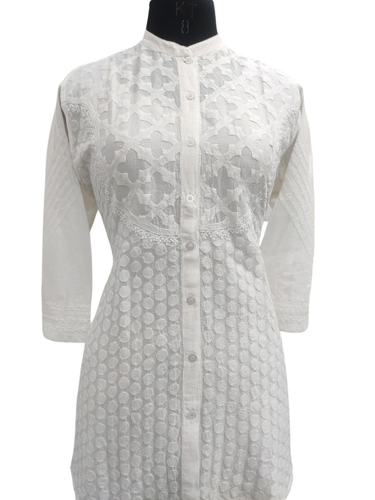 Shyamal Chikan Hand Embroidered White HQ Chanderi Lucknowi Chikankari Short Top With Daraz Work- S25387