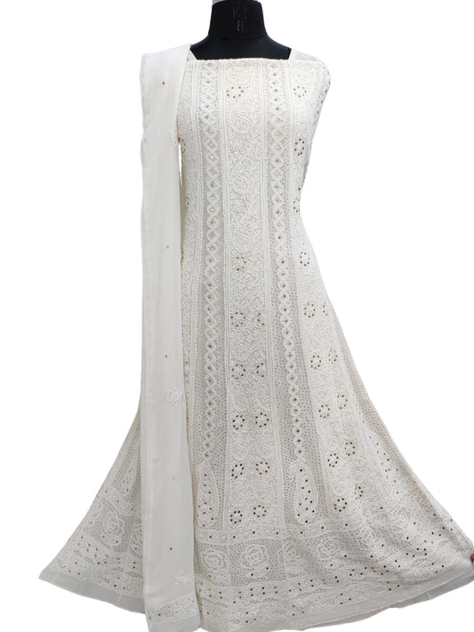 Shyamal Chikan Hand Embroidered White HQ Viscose Georgette Lucknowi Chikankari Unstitched Anarkali With Mukaish Work (Kurta Dupatta Set)  - S26730
