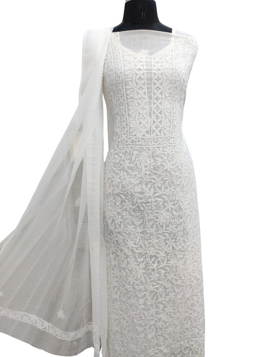 Shyamal Chikan Hand Embroidered White Kota Cotton Lucknowi Chikankari Unstitched Suit Piece ( Kurta Dupatta Set ) - S25237