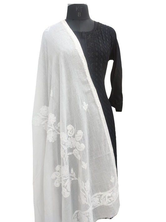 Shyamal Chikan Hand Embroidered White Malmal Cotton Lucknowi Chikankari Dupatta - S26790