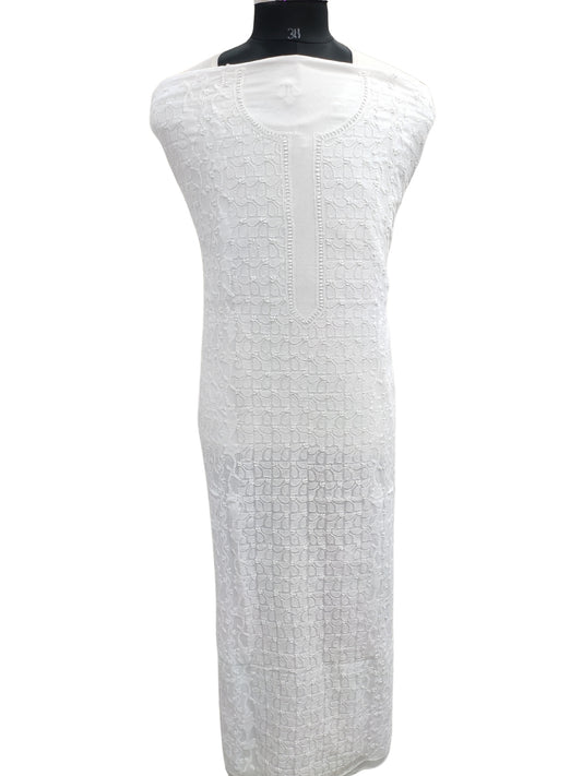 Shyamal Chikan Hand Embroidered White Malmal Cotton Lucknowi Chikankari Unstitched Men's Kurta Piece With Daraz Work – S26391