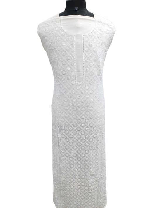 Shyamal Chikan Hand Embroidered White Malmal Cotton Lucknowi Chikankari Unstitched Men's Kurta Piece With Daraz Work – S26393