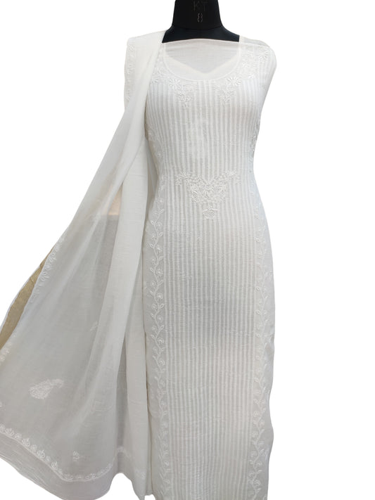 Shyamal Chikan Hand Embroidered White Mangalgiri Cotton Lucknowi Chikankari Unstitched Suit Piece ( Kurta Dupatta Set ) - S26292
