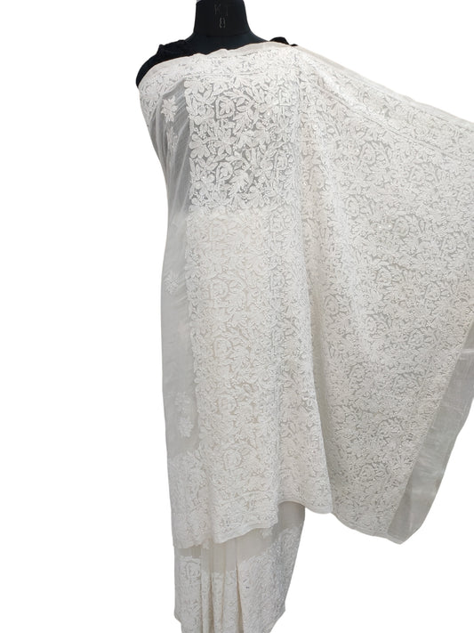 Shyamal Chikan Hand Embroidered White Mul Chanderi Lucknowi Chikankari Saree With Blouse Piece With Pearl Cutdana and Sequin Work- S25018