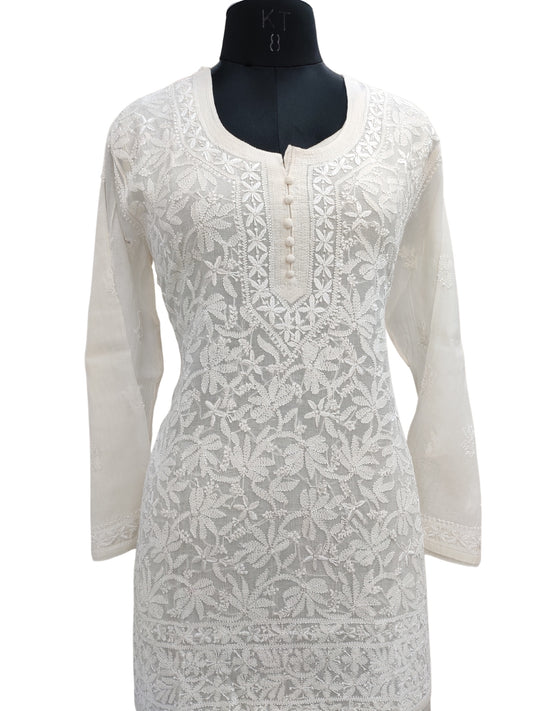 Shyamal Chikan Hand Embroidered White Mul Chanderi Lucknowi Chikankari Short Top - S26468