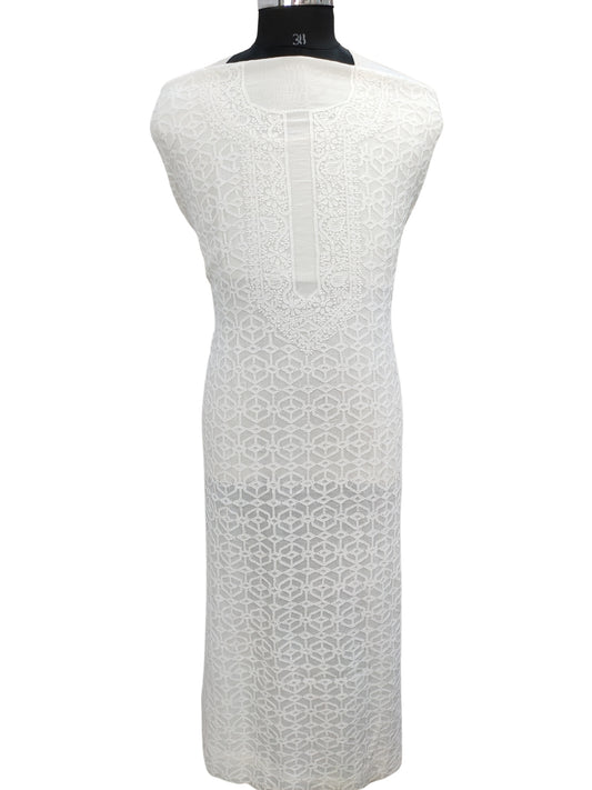 Shyamal Chikan Hand Embroidered White Mul Chanderi Lucknowi Chikankari Unstitched Men's Kurta Piece – S26490