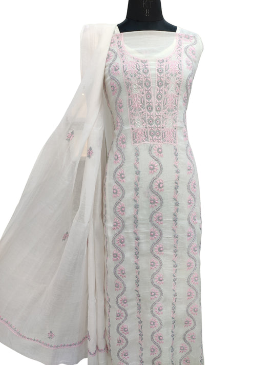 Shyamal Chikan Hand Embroidered White Mul Chanderi Lucknowi Chikankari Unstitched Suit Piece (Kurta Dupatta Set) - S22965