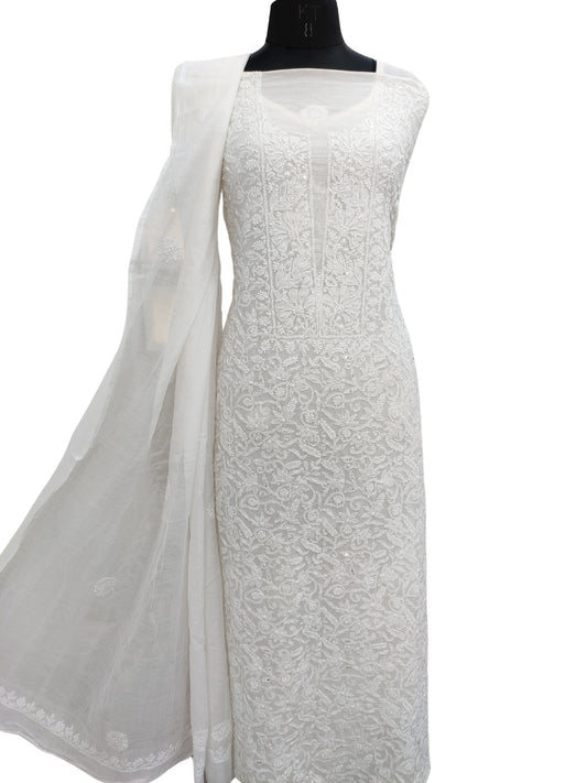 Shyamal Chikan Hand Embroidered White Mul Chanderi Lucknowi Chikankari Unstitched Suit Piece with Cutdana & Sequin Work (Kurta Dupatta Set) - S26502