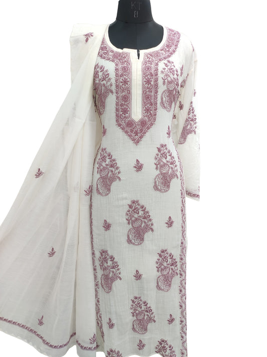 Shyamal Chikan Hand Embroidered White Mul Chanderi Lucknowi Chikankari semi stitched Suit Piece (Kurta Dupatta Set) - S25448