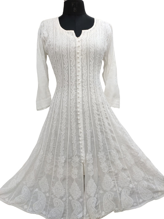 Shyamal Chikan Hand Embroidered White Muslin Lucknowi Chikankari Anarkali - S26553