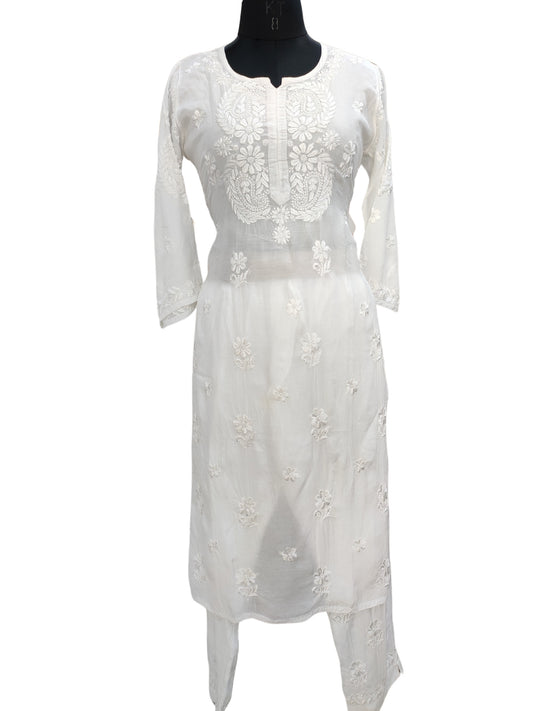 Shyamal Chikan Hand Embroidered White Muslin Lucknowi Chikankari Kurta and Bottom Set - S26236