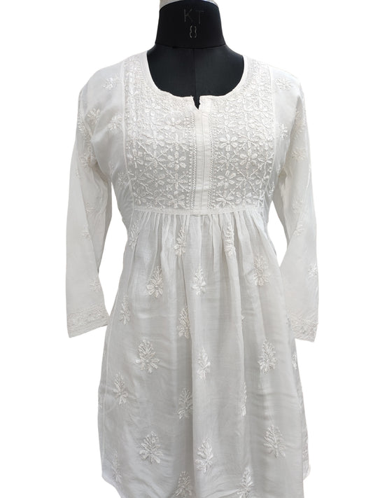 Shyamal Chikan Hand Embroidered White Muslin Lucknowi Chikankari Short Top - S26471