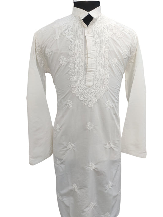 Shyamal Chikan Hand Embroidered White Pure Cotton Lucknowi Chikankari Men's Kurta – S25618