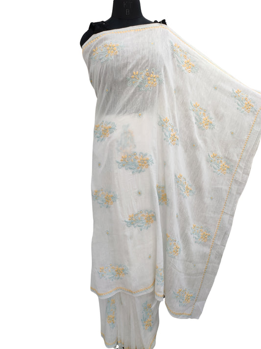 Shyamal Chikan Hand Embroidered White Pure Lenin Lucknowi Chikankari Saree With Blouse Piece- S26341