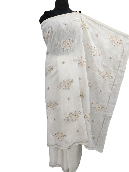 Shyamal Chikan Hand Embroidered White Pure Lenin Lucknowi Chikankari Saree With Blouse Piece- S26342