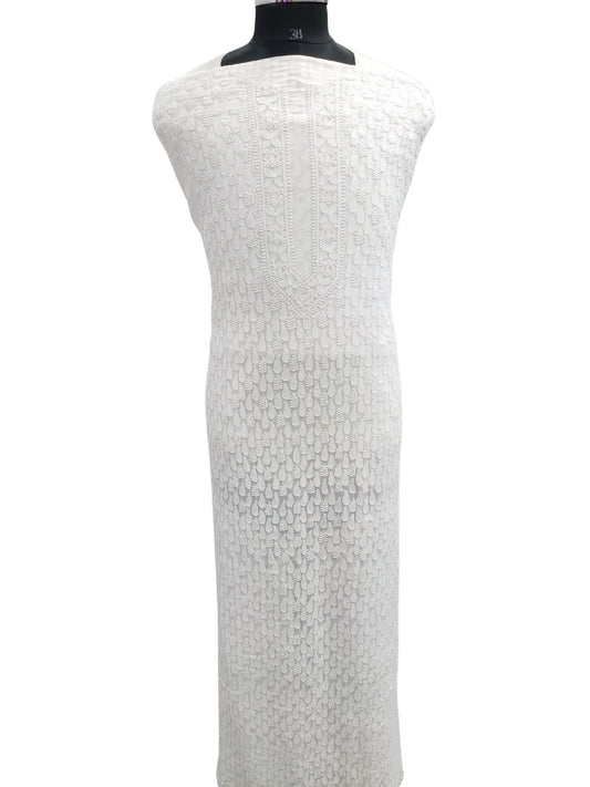 Shyamal Chikan Hand Embroidered White Viscose Georgette Lucknowi All-Over Chikankari Unstitched Men's Kurta Piece – S26091
