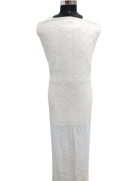 Shyamal Chikan Hand Embroidered White Viscose Georgette Lucknowi All-Over Chikankari Unstitched Men's Kurta Piece – S26099