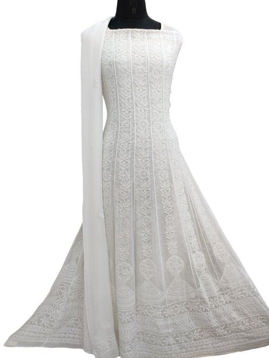 Shyamal Chikan Hand Embroidered White Viscose Georgette Lucknowi Chikankari Unstitched Anarkali Kurta Dupatta Set With Pearl And Sequine Work - S26845