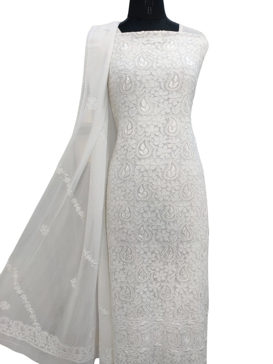 Shyamal Chikan Hand Embroidered White Viscose Georgette Lucknowi Chikankari Unstitched Suit Piece ( Kurta Dupatta Set ) - S25973