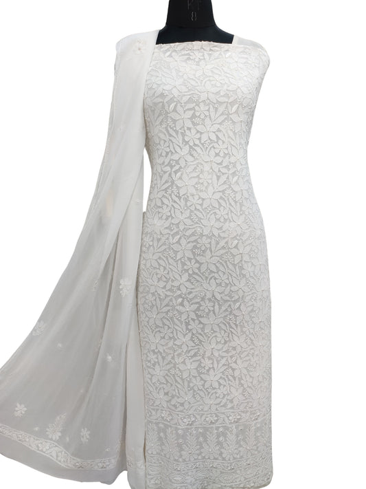 Shyamal Chikan Hand Embroidered White Viscose Georgette Lucknowi Chikankari Unstitched Suit Piece ( Kurta Dupatta Set ) - S 26227