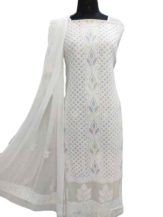 Shyamal Chikan Hand Embroidered White Viscose Georgette Lucknowi Chikankari Unstitched Suit Piece With Cutdana Work ( Kurta  Dupatta Set) - S26355