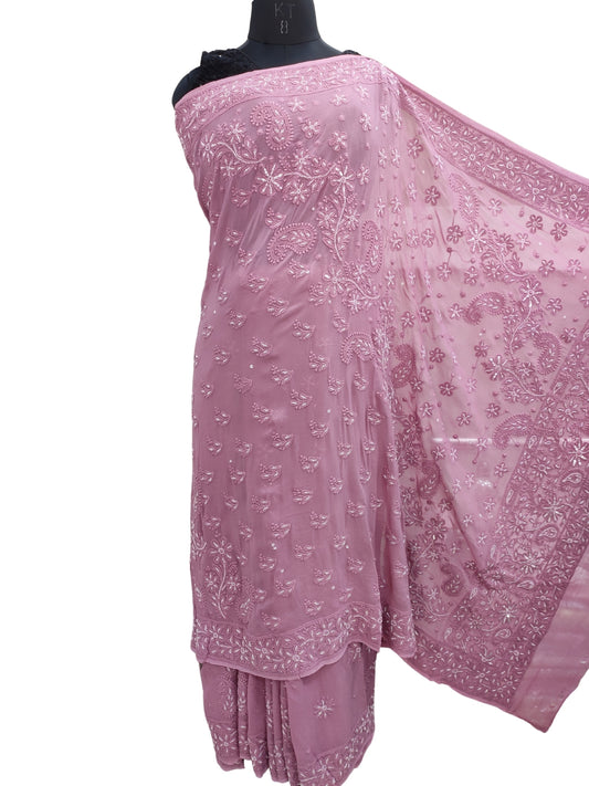 Shyamal Chikan Hand Embroidered Wine HQ Viscose Georgette Lucknowi Chikankari Saree With Blouse Piece With Cutdana Work- S25217