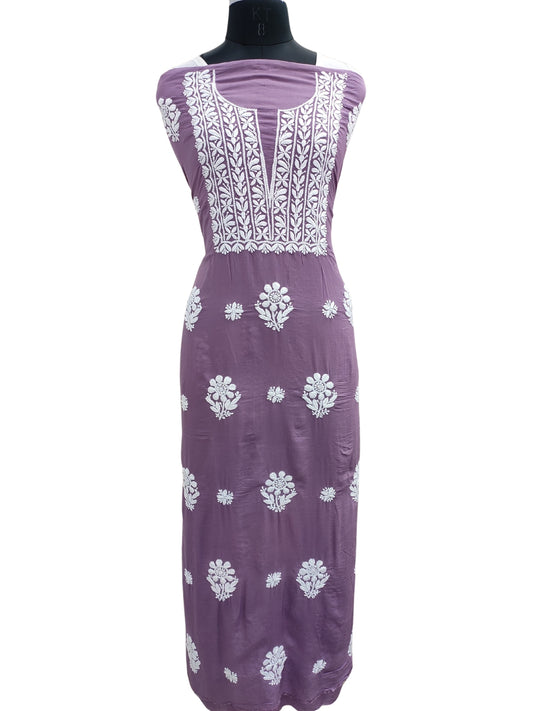 Shyamal Chikan Hand Embroidered Wine Modal Cotton Lucknowi Chikankari Unstitched Kurta Piece - S25301