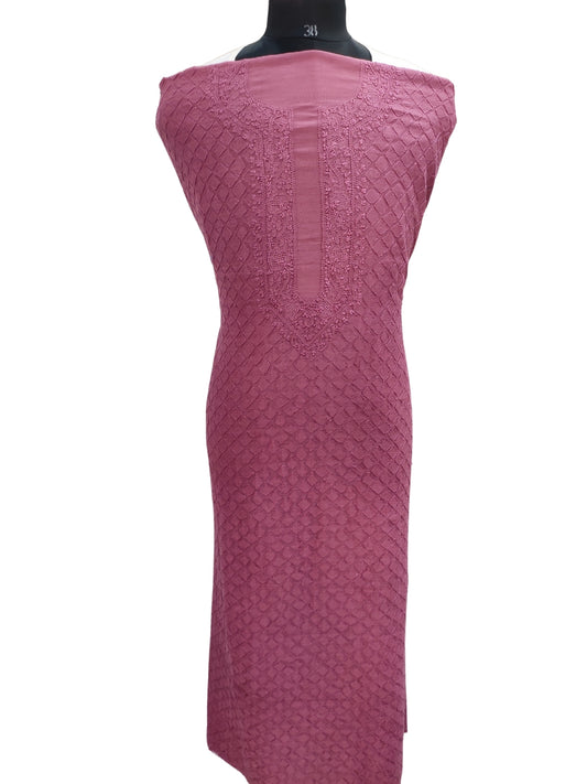Shyamal Chikan Hand Embroidered Wine Mul Chanderi Lucknowi Chikankari Unstitched Men's Kurta Piece – S25259