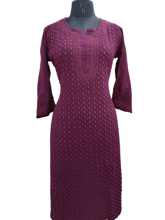 Shyamal Chikan Hand Embroidered Wine Rayon Cotton Lucknowi Chikankari Kurti - S26579