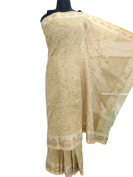 Shyamal Chikan Hand Embroidered Yellow Banarasi Tissue Lucknowi Chikankari Saree With Blouse Piece- S26336