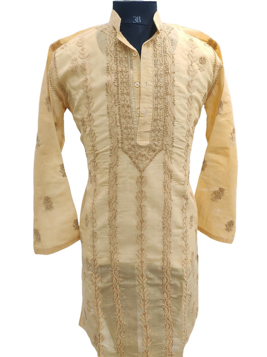 Shyamal Chikan Hand Embroidered Yellow Cotton Lucknowi Chikankari Men's Kurta – S25639