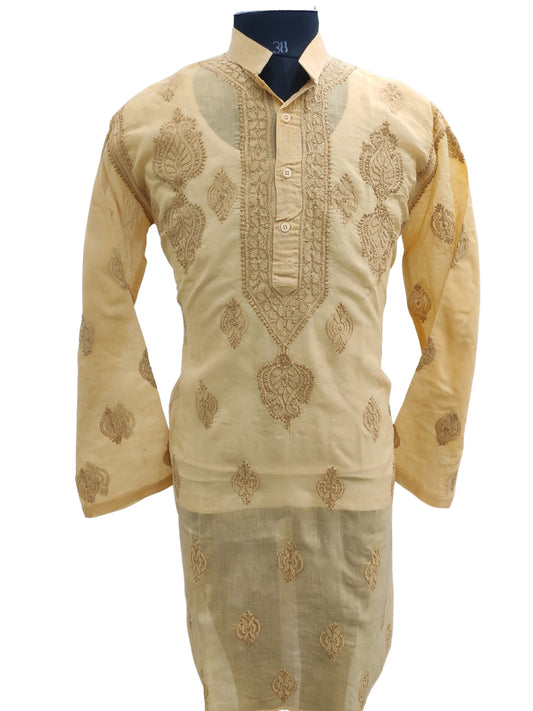 Shyamal Chikan Hand Embroidered Yellow Cotton Lucknowi Chikankari Men's Kurta– S25646