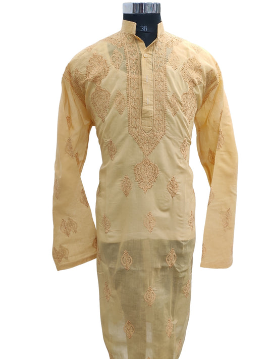 Shyamal Chikan Hand Embroidered Yellow Cotton Lucknowi Chikankari Men's Kurta– S25655