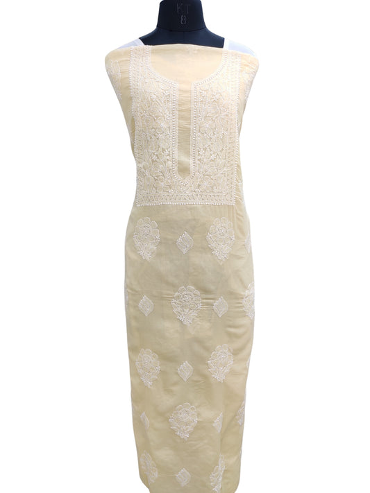 Shyamal Chikan Hand Embroidered Yellow Cotton Lucknowi Chikankari Unstitched Kurta Piece - S25330