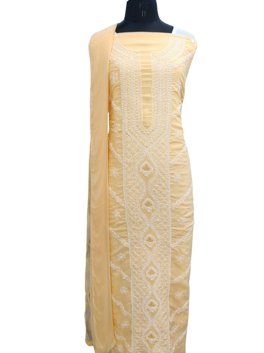 Shyamal Chikan Hand Embroidered Yellow Cotton Lucknowi Chikankari Unstitched Suit Piece - S26256