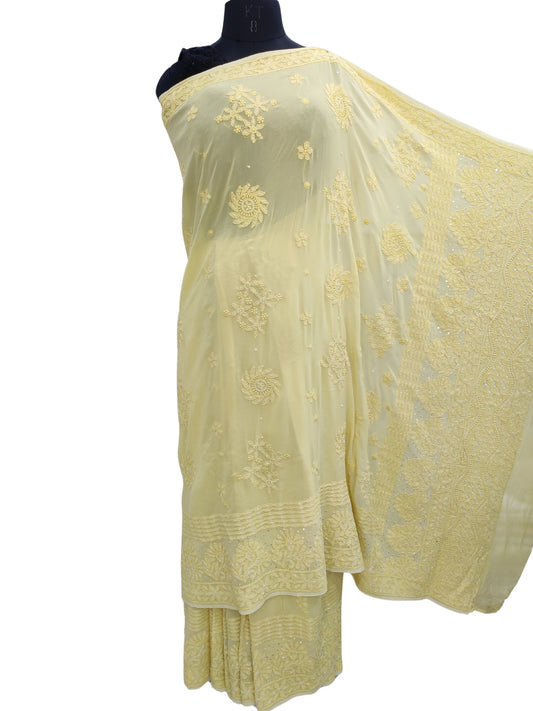 Shyamal Chikan Hand Embroidered Yellow HQ Viscose Georgette Lucknowi Chikankari Saree With Blouse Piece With Pearl Cutdana and Sequin Work- S25216