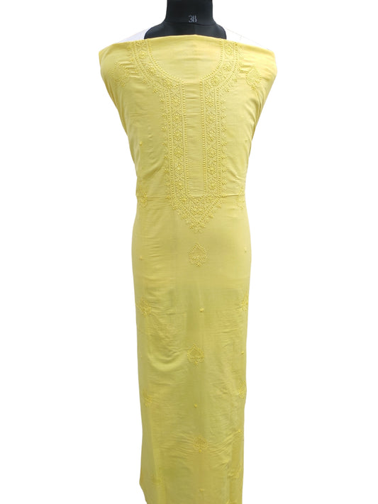 Shyamal Chikan Hand Embroidered Yellow Malmal Cotton Lucknowi Chikankari Unstitched Men's Kurta Piece With Jaali Work – S25148