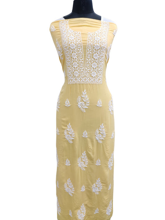 Shyamal Chikan Hand Embroidered Yellow Modal Cotton Lucknowi Chikankari Unstitched Kurta Piece - S25306