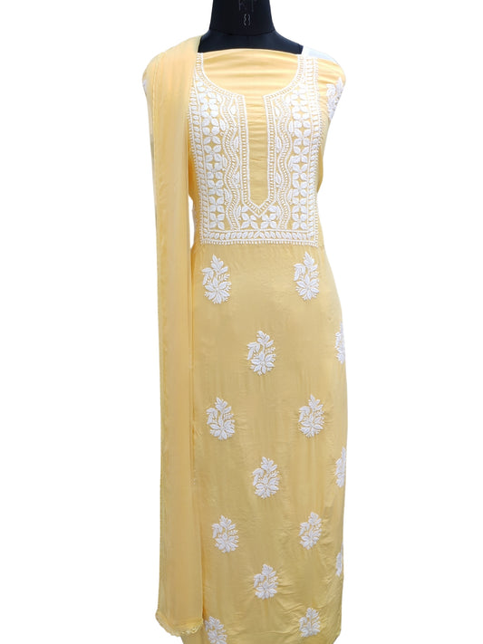 Shyamal Chikan Hand Embroidered Yellow Modal Lucknowi Chikankari Unstitched Suit Piece - S25250