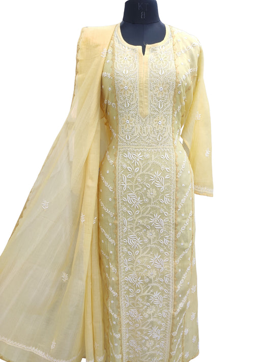 Shyamal Chikan Hand Embroidered Yellow Mul Chanderi Lucknowi Chikankari semi stitched Suit Piece With Daraz Work (Kurta Dupatta Set) - S25087