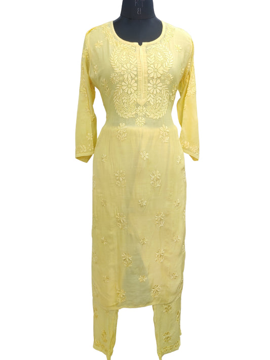 Shyamal Chikan Hand Embroidered Yellow Muslin Lucknowi Chikankari Kurta and Bottom Set - S25510