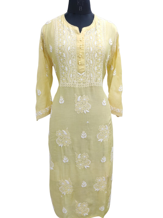 Shyamal Chikan Hand Embroidered Yellow Muslin Lucknowi Chikankari Kurti - S25478