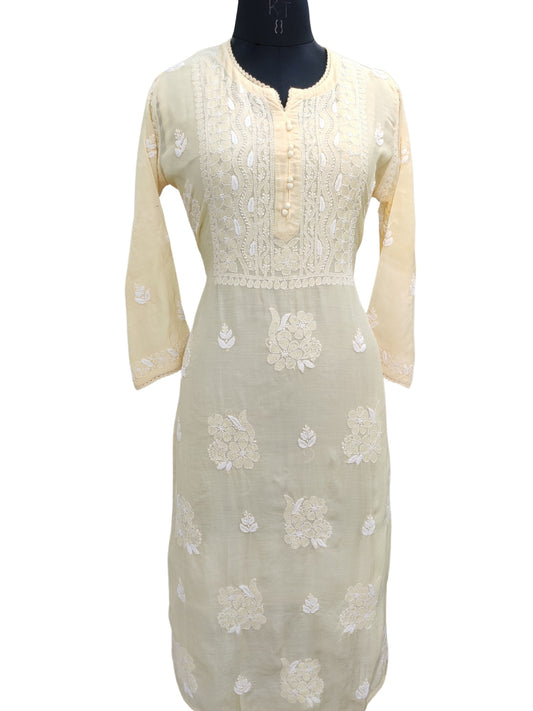 Shyamal Chikan Hand Embroidered Yellow Muslin Lucknowi Chikankari Kurti - S25907