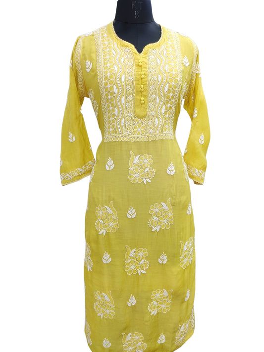 Shyamal Chikan Hand Embroidered Yellow Muslin Lucknowi Chikankari Kurti - S25913