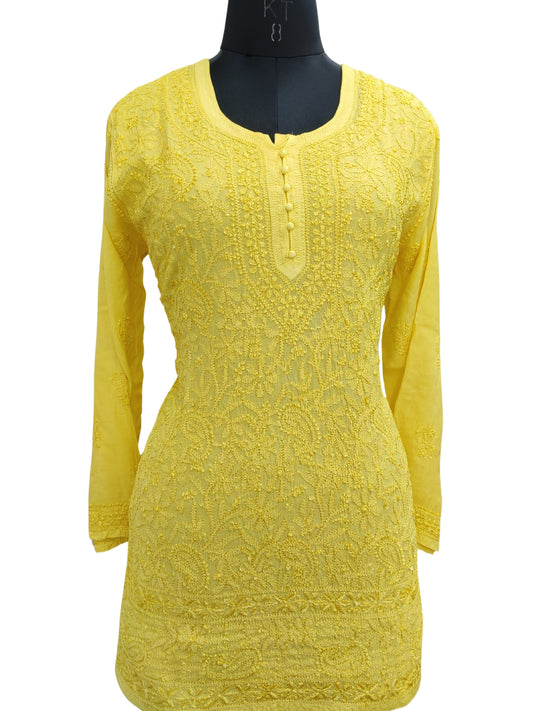 Shyamal Chikan Hand Embroidered Yellow Muslin Lucknowi Chikankari Short Top - S26017