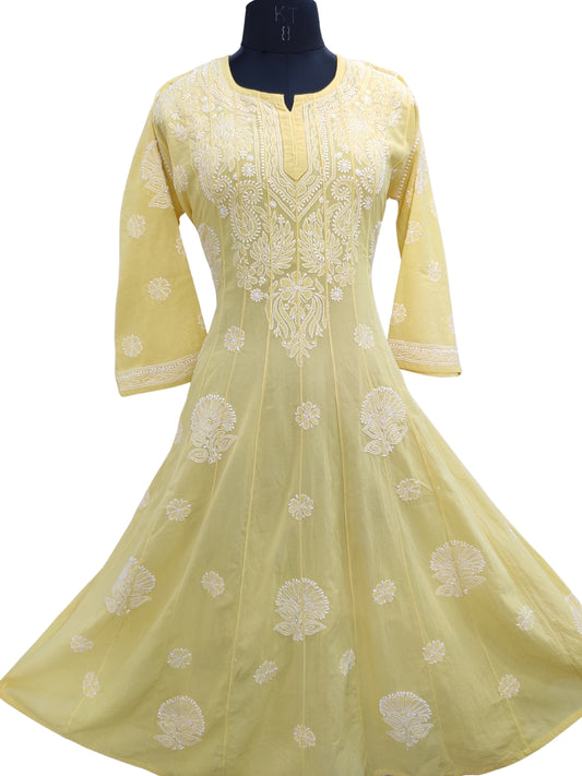 Shyamal Chikan Hand Embroidered Yellow Pure Cotton Lucknowi Chikankari Anarkali - S25704