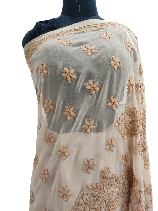 Shyamal Chikan Hand Embroidered Beige Georgette Lucknowi Chikankari Saree With Blouse Piece - S16938